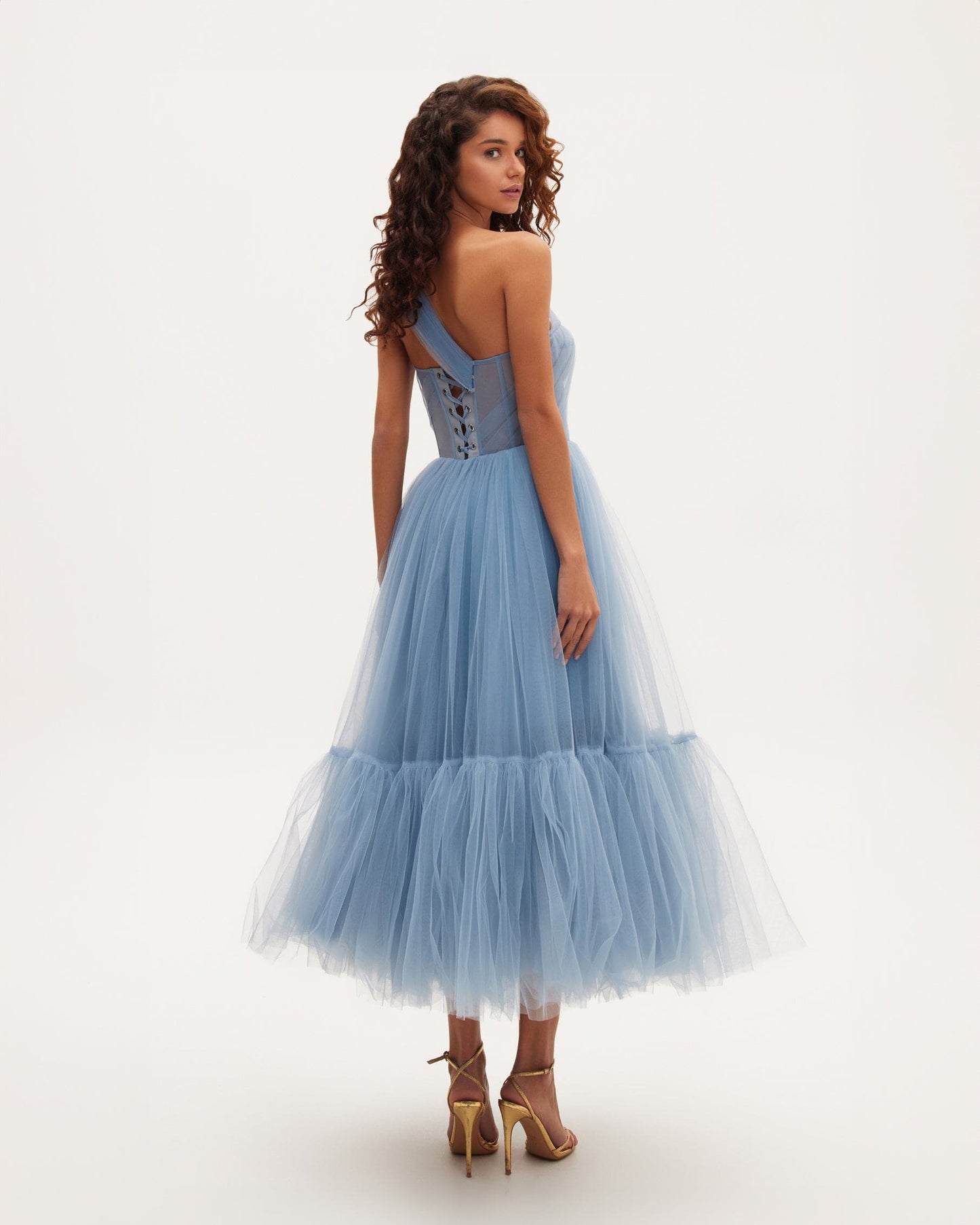 LIGHT BLUE ONE SHOULDER COCKTAIL TULLE DRESS