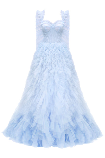 LIGHT BLUE RUFFLED EVENING FLUFFY DRESS