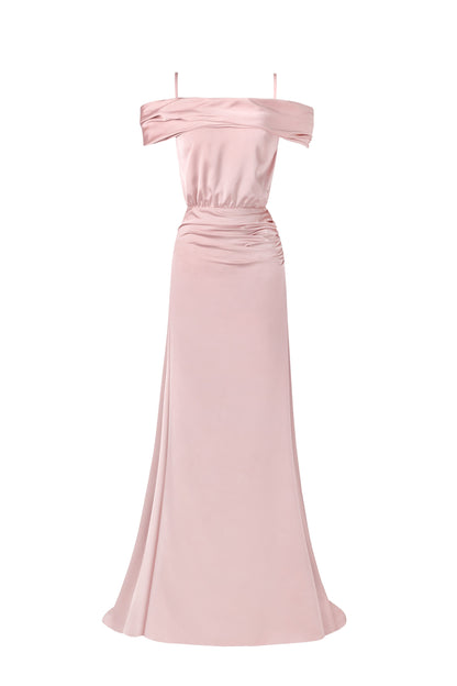 MISTY ROSE OFF SHOULDER SILK MAXI DRESS