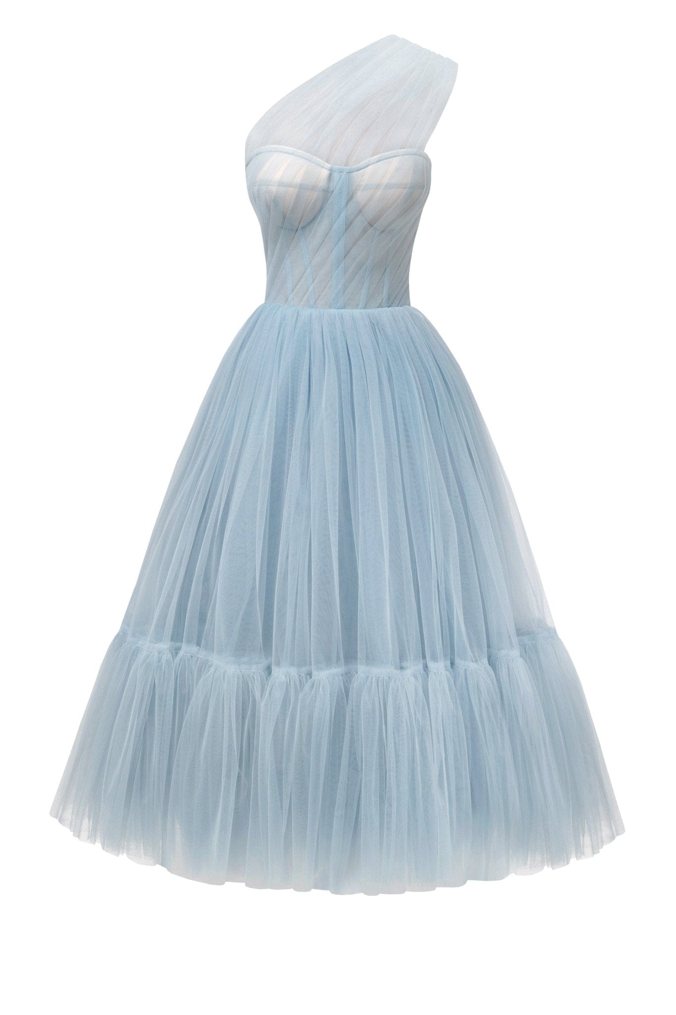 LIGHT BLUE ONE SHOULDER COCKTAIL TULLE DRESS