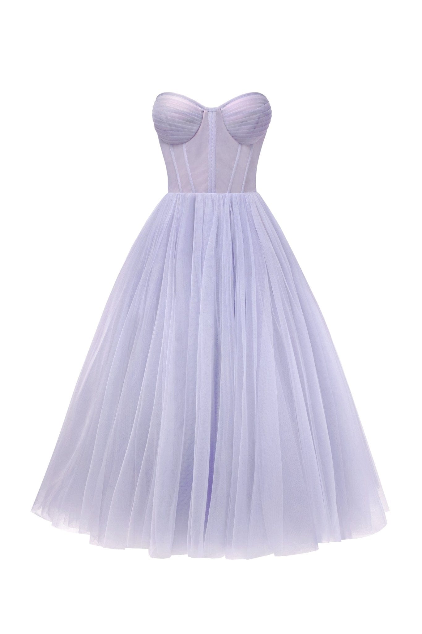 LAVENDER STRAPLESS PUFFY MIDI TULLE DRESS