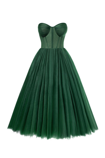 EMERALD GREEN STRAPLESS PUFFY MIDI TULLE DRESS