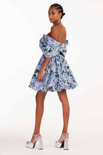 BLUE HYDRANGEA BOW DETAILED MINI DRESS