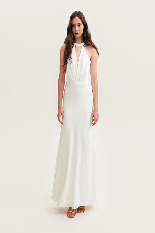 LOVELY WHITE HALTERNECK SATIN MAXI DRESS