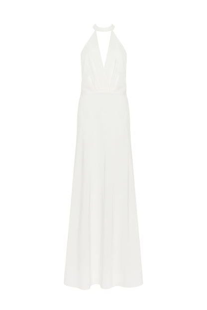 LOVELY WHITE HALTERNECK SATIN MAXI DRESS