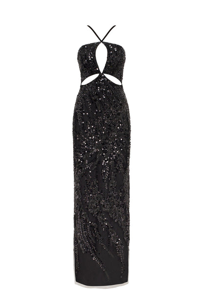 CUT OUT HALTERNECK BLACK MAXI SEQUINS