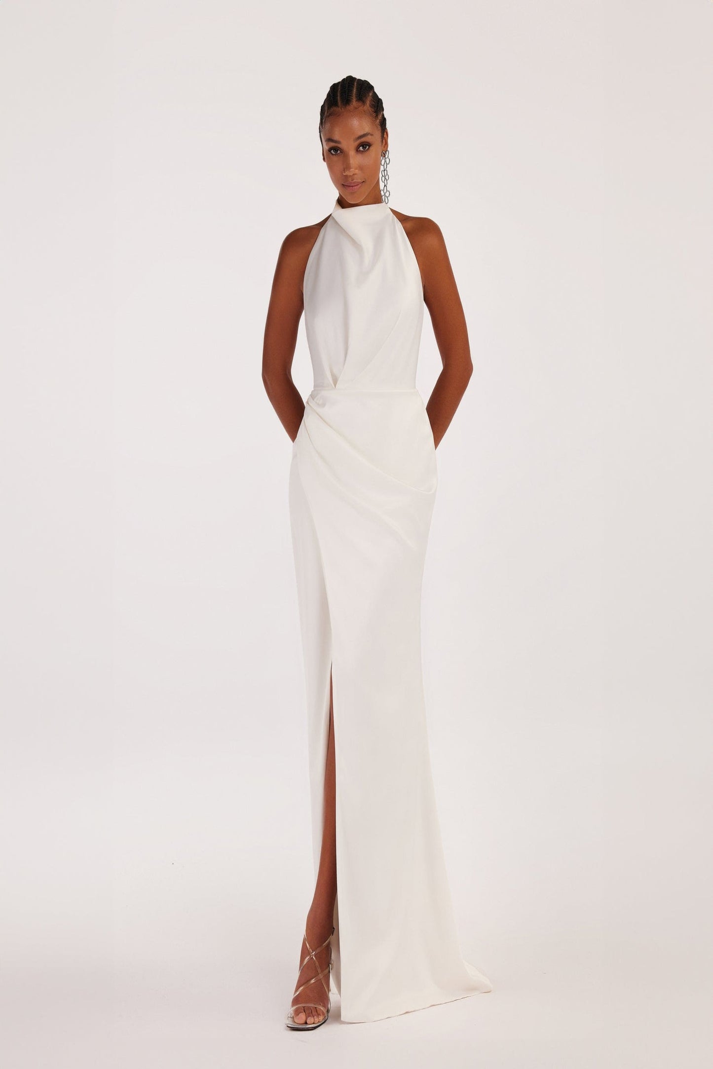 WHITE MOCK NECK SLEEVELESS LOW SLIT MAXI DRESS Amalthrea WHITE MOCK NECK SLEEVELESS LOW SLIT MAXI DRESS Amalthrea