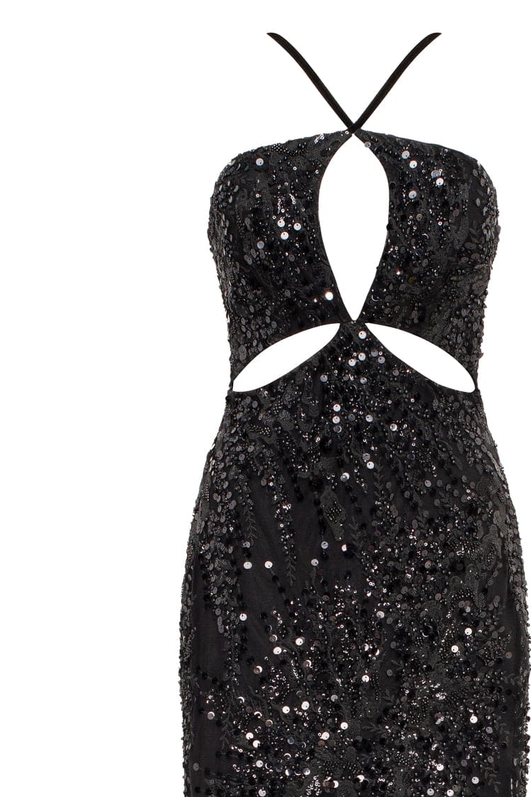 CUT OUT HALTERNECK BLACK MAXI SEQUINS