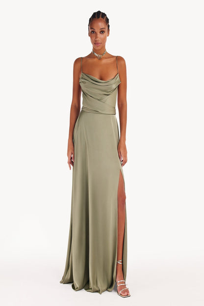 BOUDOIR OLIVE SILK SLIP MAXI DRESS