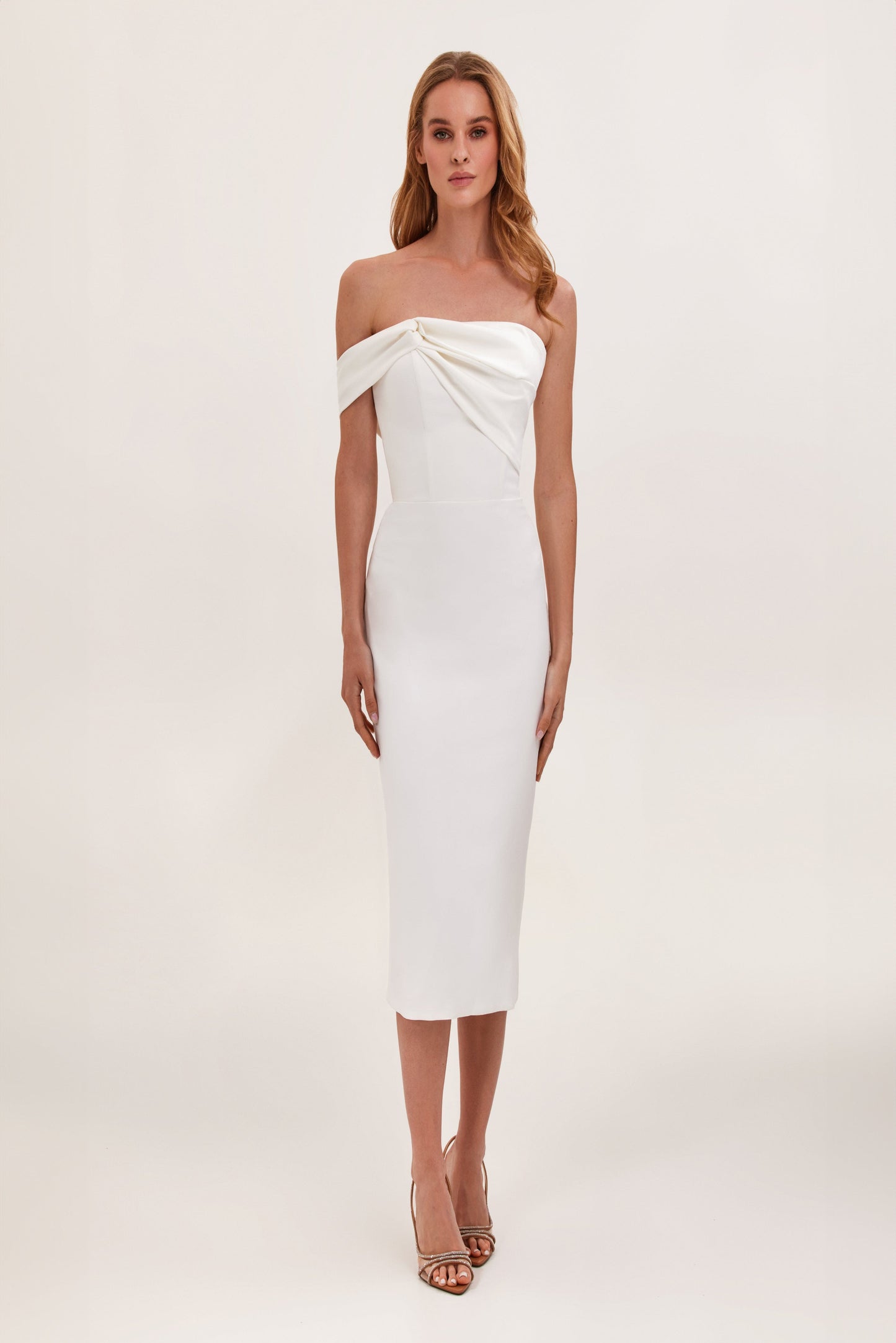 WHITE CLASSY OPEN NECKLINE MIDI DRESS Amalthrea WHITE CLASSY OPEN NECKLINE MIDI DRESS Amalthrea