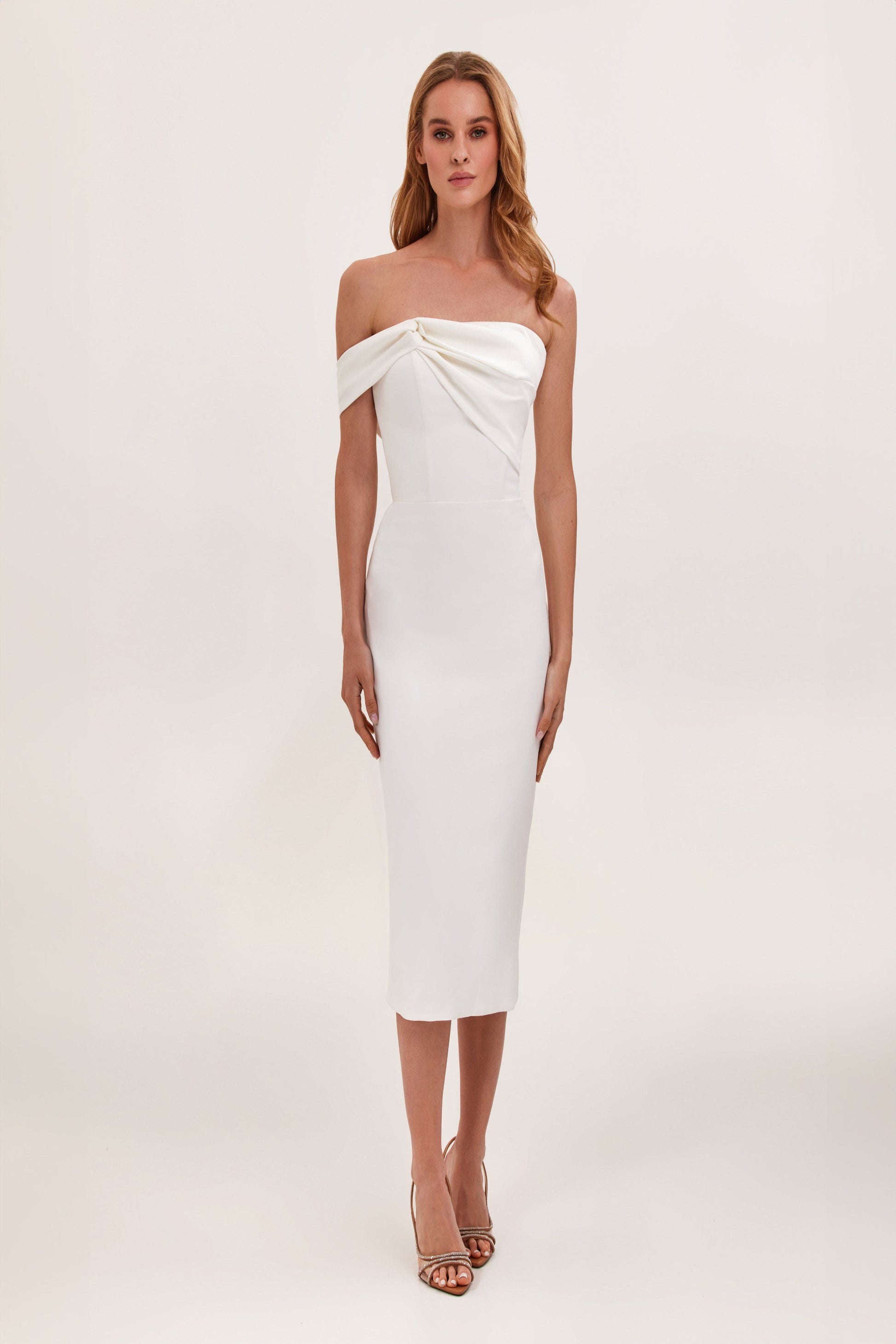 WHITE CLASSY OPEN NECKLINE MIDI DRESS Amalthrea WHITE CLASSY OPEN NECKLINE MIDI DRESS Amalthrea