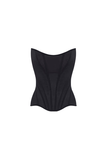 SMART HEART-SHAPED BLACK CORSET MINI SKIRT WITH WHITE FLOWER APPLIQUES