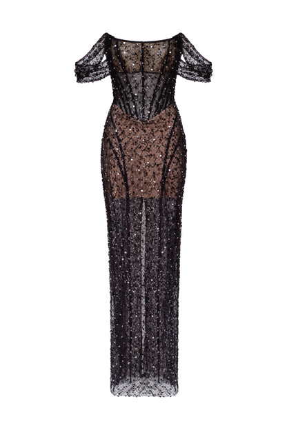 STRIKING BLACK SEQUINED MAXI DRESS