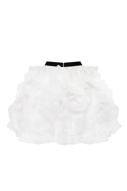 SMART HEART-SHAPED BLACK CORSET MINI SKIRT WITH WHITE FLOWER APPLIQUES