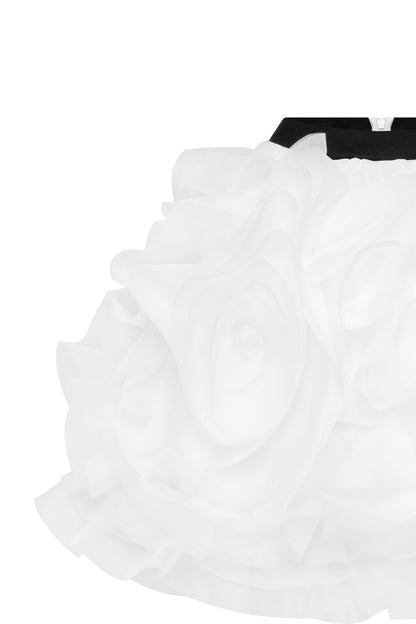 SMART HEART-SHAPED BLACK CORSET MINI SKIRT WITH WHITE FLOWER APPLIQUES