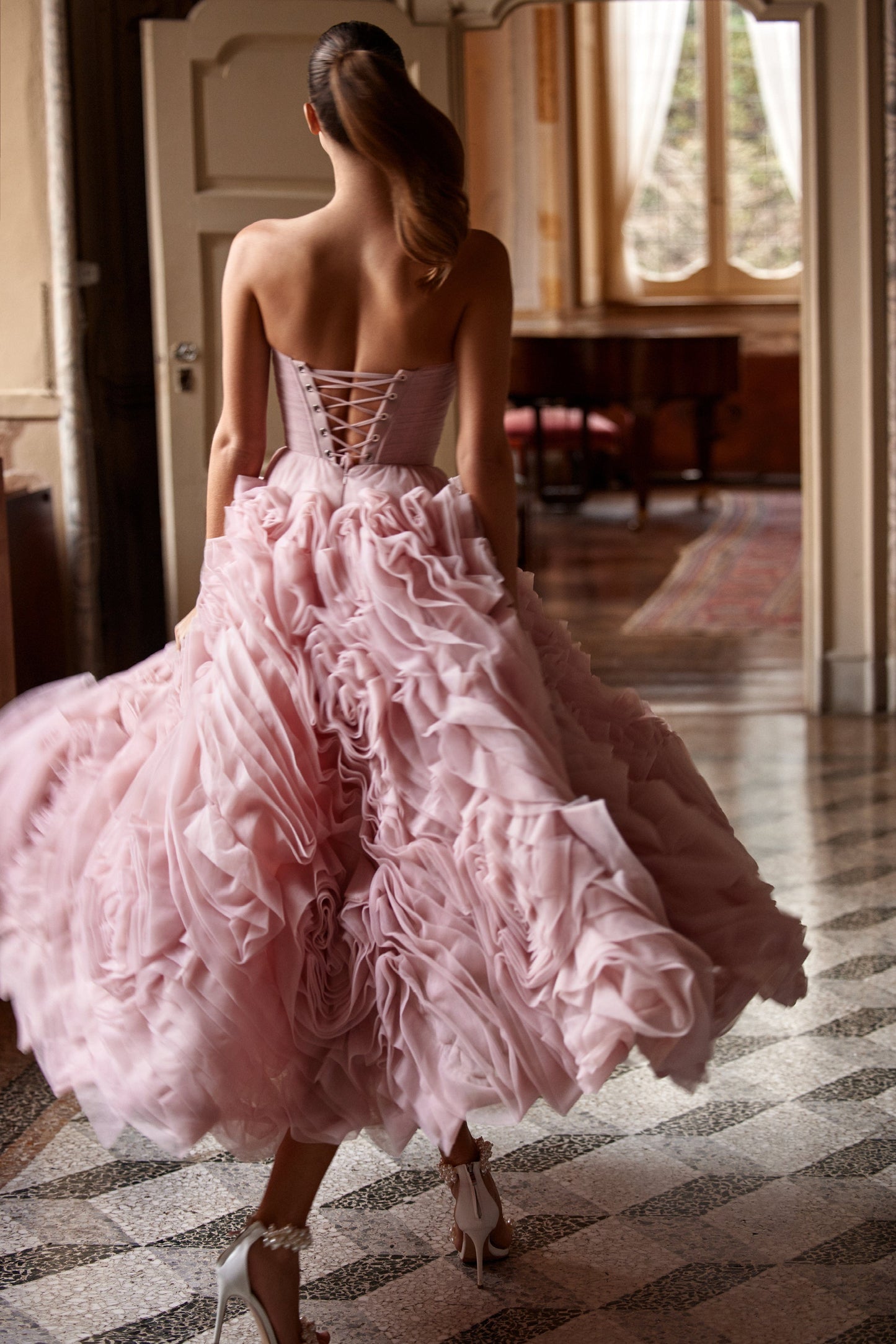 DRAMATICALLY MISTY PINK FLOWERED TULLE DRESS