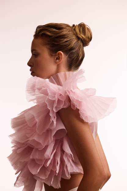 FLIRTY RUFFLED ONE SHOULDER ORGANZA PINK TOP