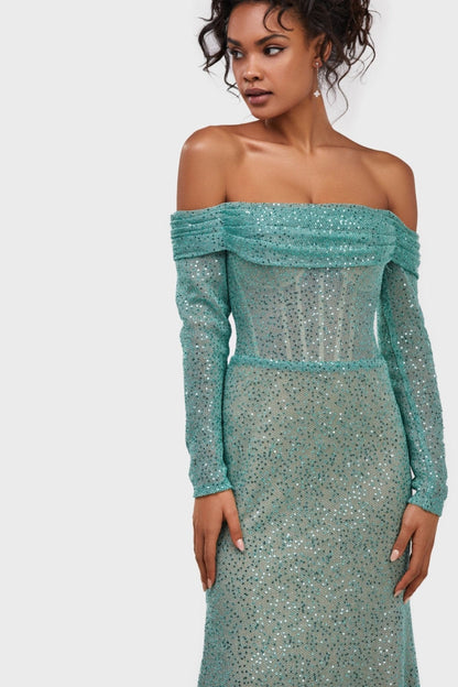 MINT GREEN ROMANTIC OFF SHOULDER SPARKLING DRESS