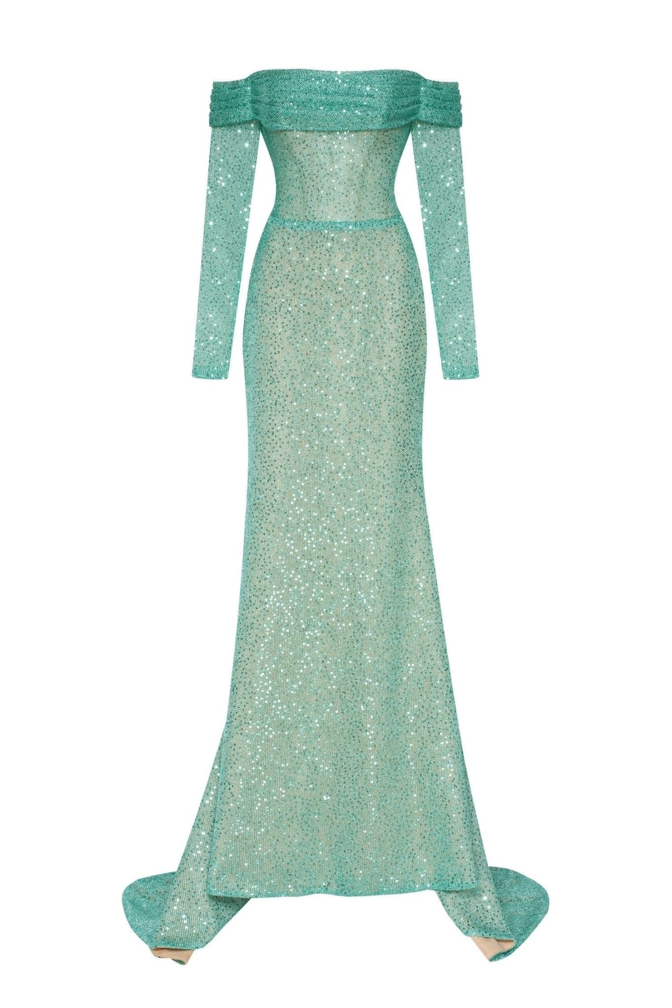 MINT GREEN ROMANTIC OFF SHOULDER SPARKLING DRESS