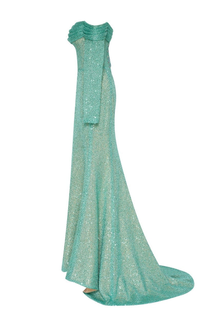 MINT GREEN ROMANTIC OFF SHOULDER SPARKLING DRESS