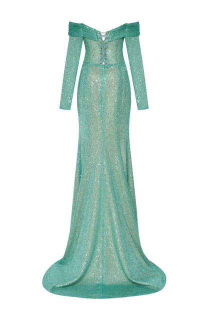 MINT GREEN ROMANTIC OFF SHOULDER SPARKLING DRESS