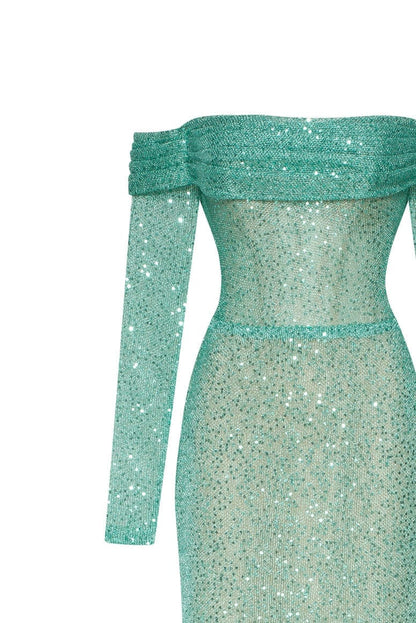 MINT GREEN ROMANTIC OFF SHOULDER SPARKLING DRESS