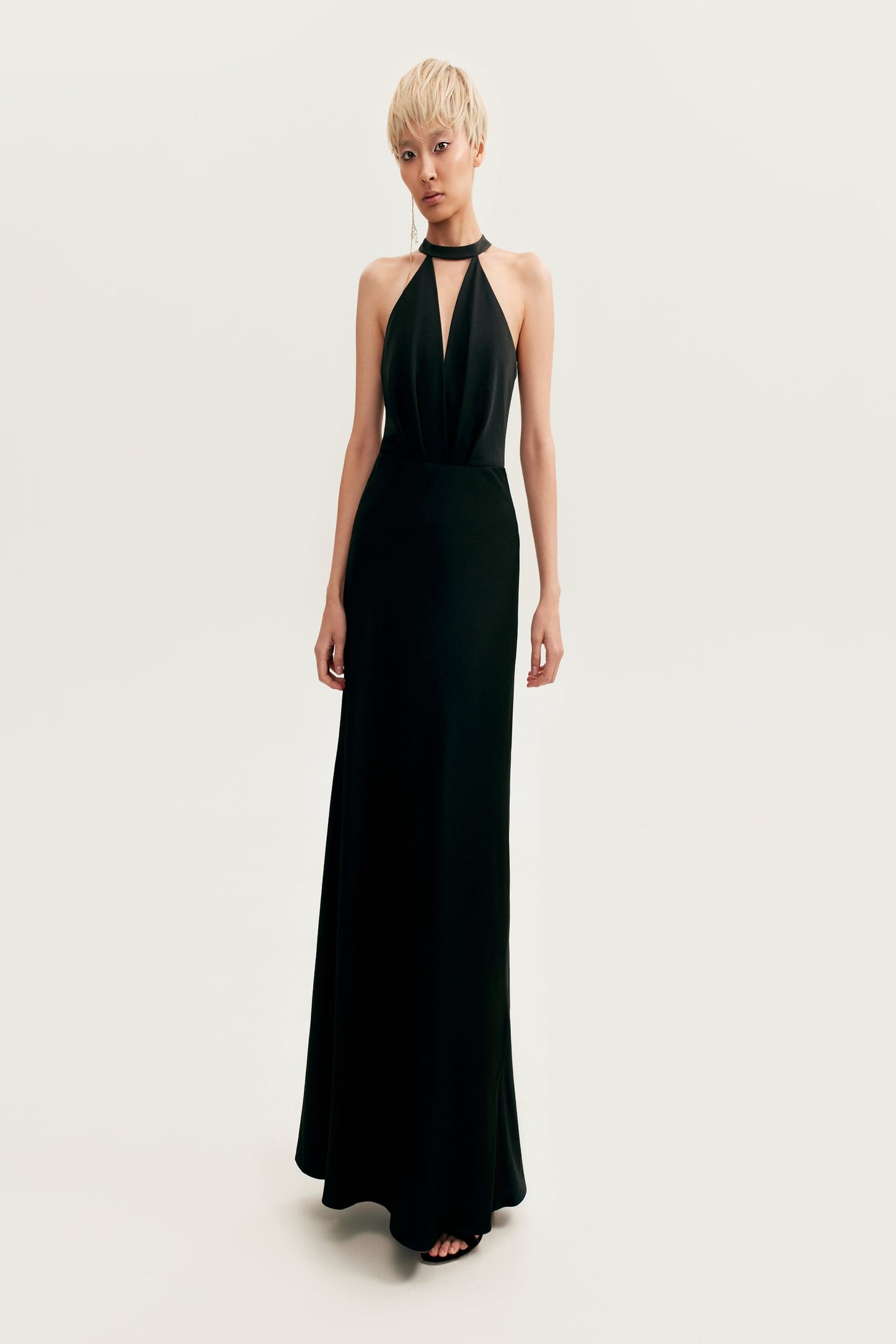 CLASSICAL BLCK HALTERNECK SATIN MAXI DRESS