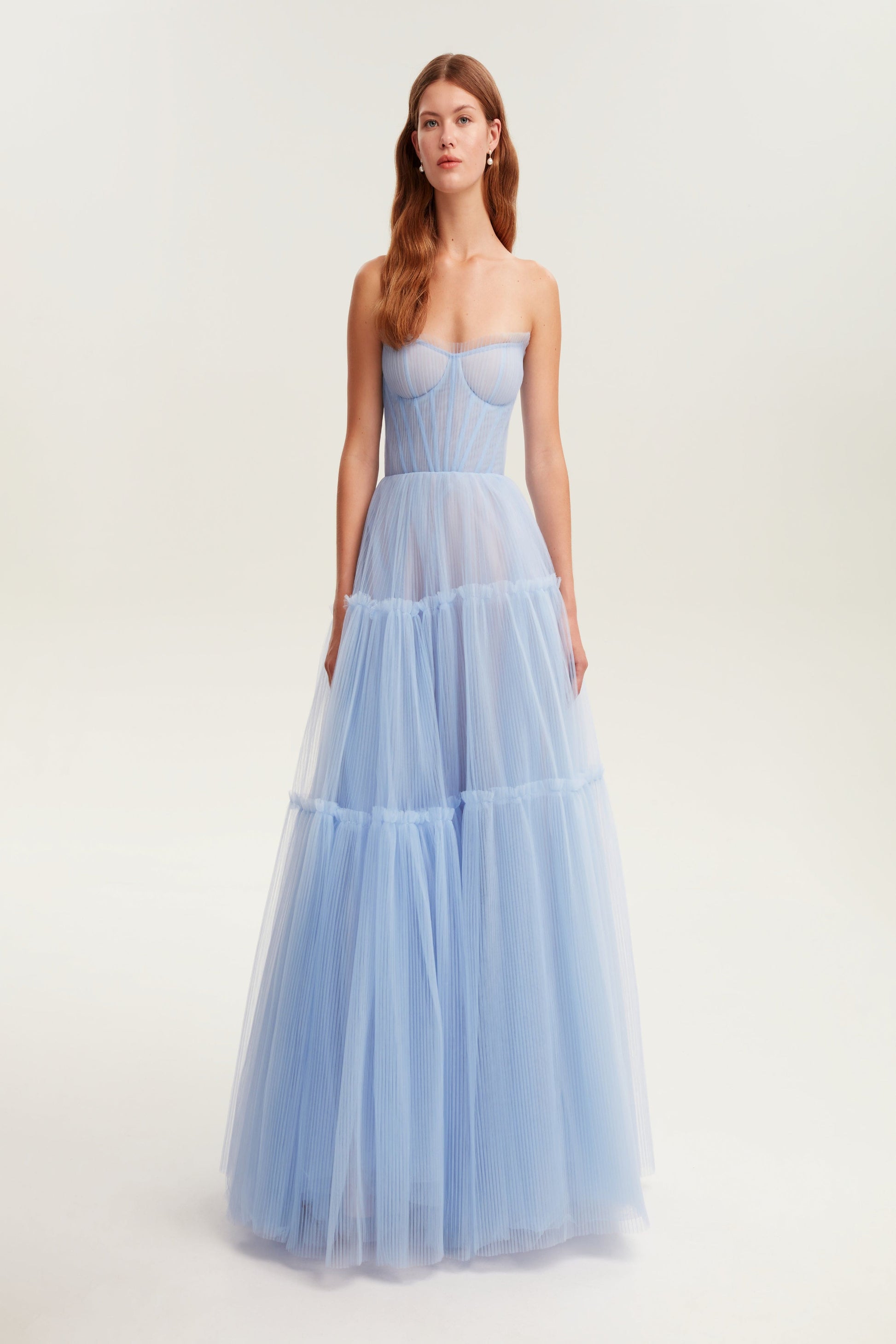LIGHT BLUE RUFFLED SKIRT TULLE MAXI DRESS Amalthrea LIGHT BLUE RUFFLED SKIRT TULLE MAXI DRESS Amalthrea
