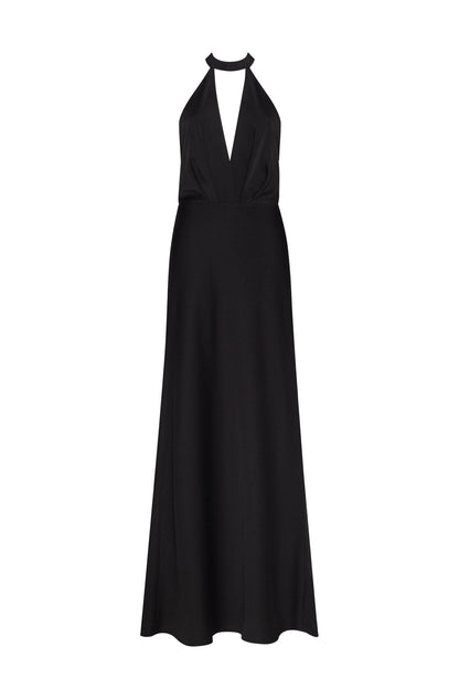 CLASSICAL BLCK HALTERNECK SATIN MAXI DRESS