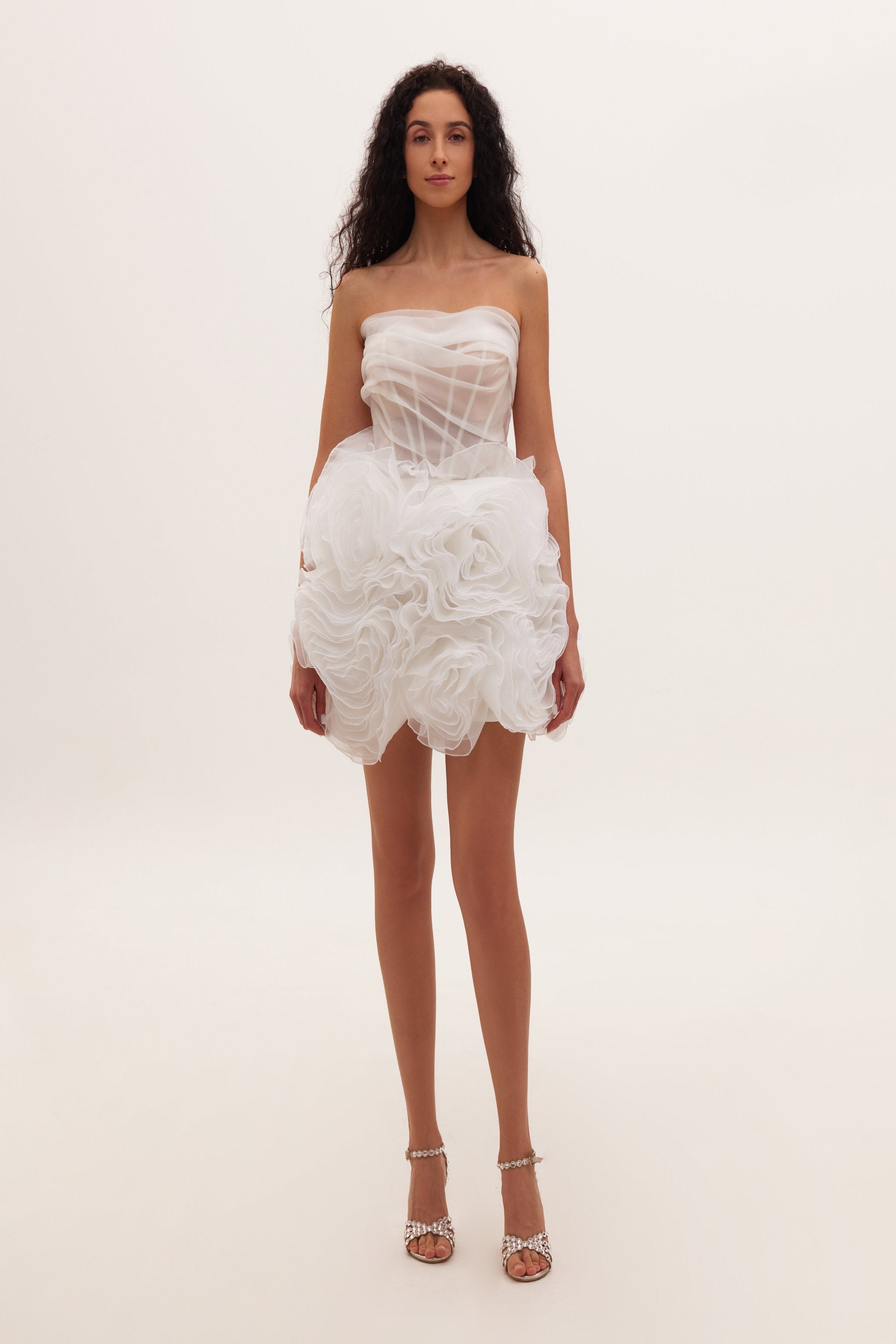 APPLIQUED ORGANZA WHITE MINI DRESS