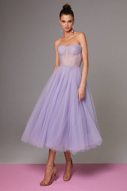 LAVENDER STRAPLESS PUFFY MIDI TULLE DRESS