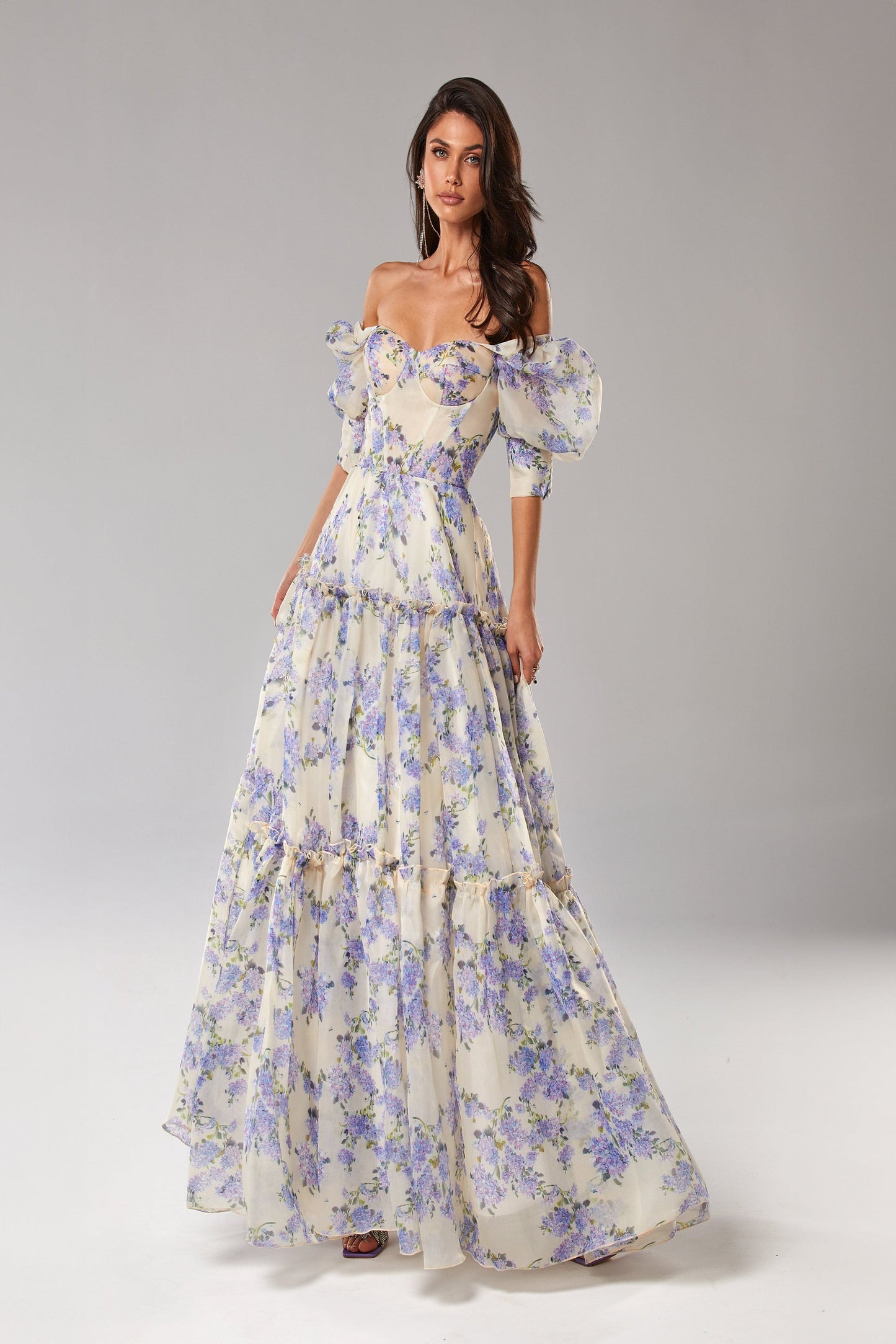 HYDRANGEA FEMININE VOLUMINOUS SHEER SLEEVE MAXI DRESS