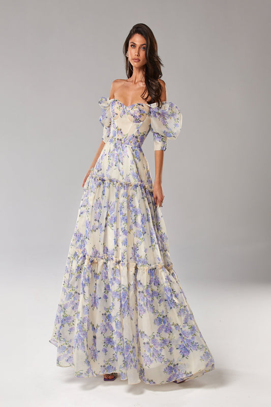 HYDRANGEA FEMININE VOLUMINOUS SHEER SLEEVE MAXI DRESS