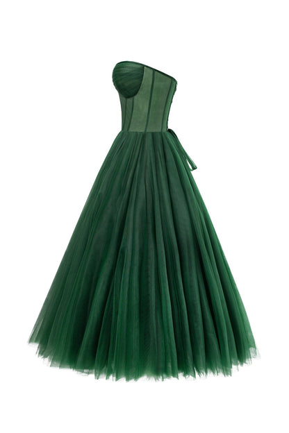 EMERALD GREEN STRAPLESS PUFFY MIDI TULLE DRESS