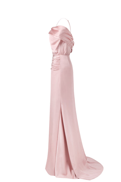 MISTY ROSE OFF SHOULDER SILK MAXI DRESS