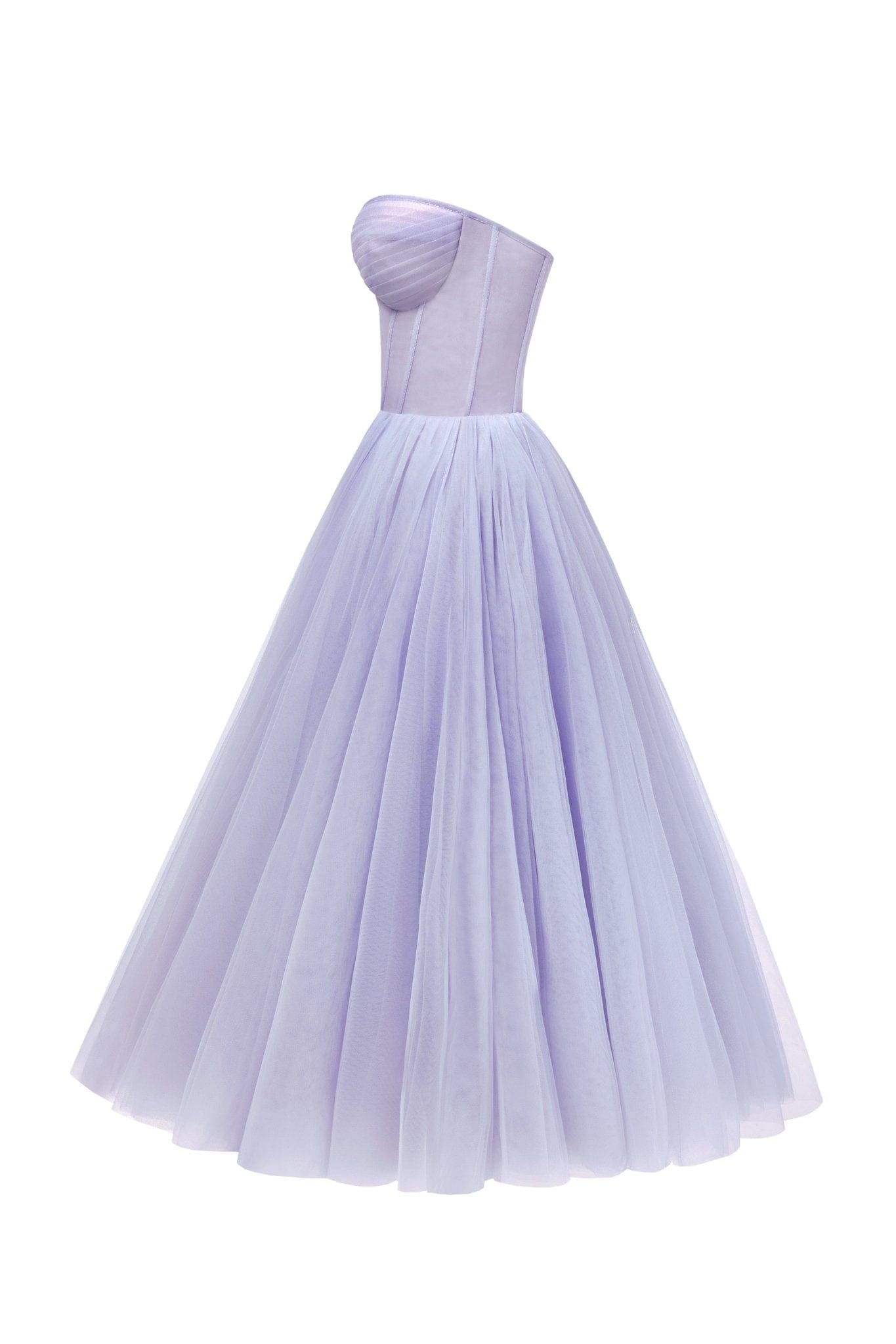 LAVENDER STRAPLESS PUFFY MIDI TULLE DRESS