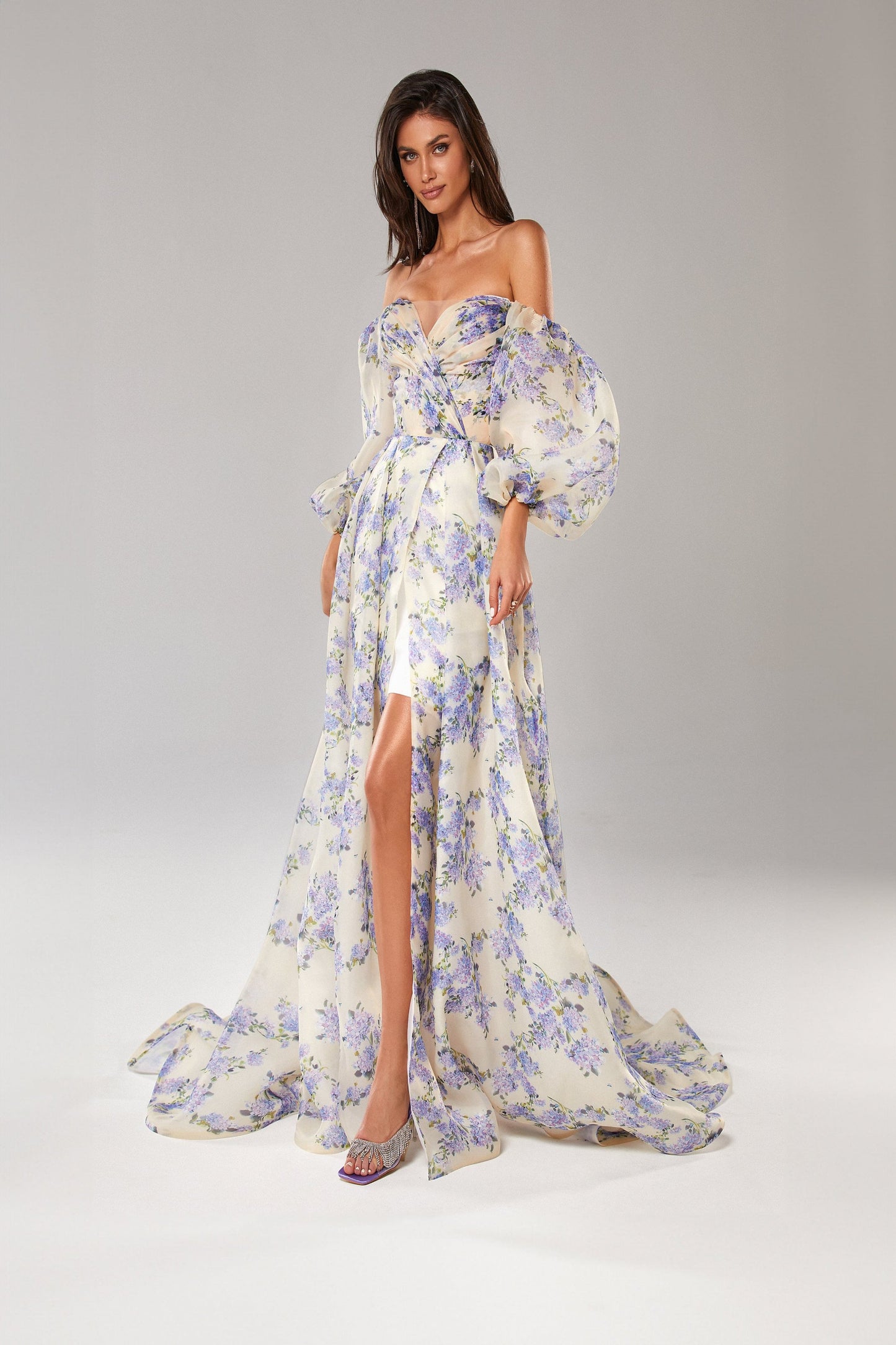 HYDRANGEA PRINCESS FLORAL PUFF SLEEVE MAXI DRESS