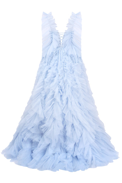 LIGHT BLUE RUFFLED EVENING FLUFFY DRESS