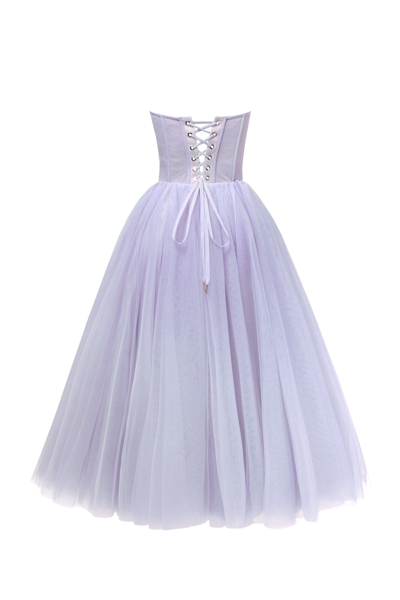 LAVENDER STRAPLESS PUFFY MIDI TULLE DRESS