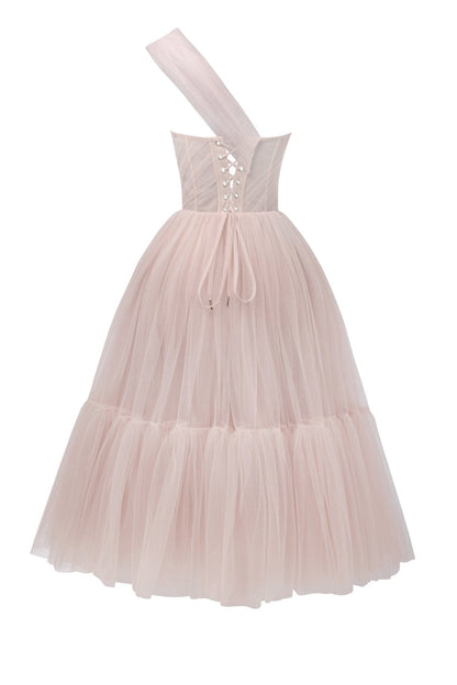 MISTY ROSE ONE SHOULDER COCKTAIL TULLE DRESS