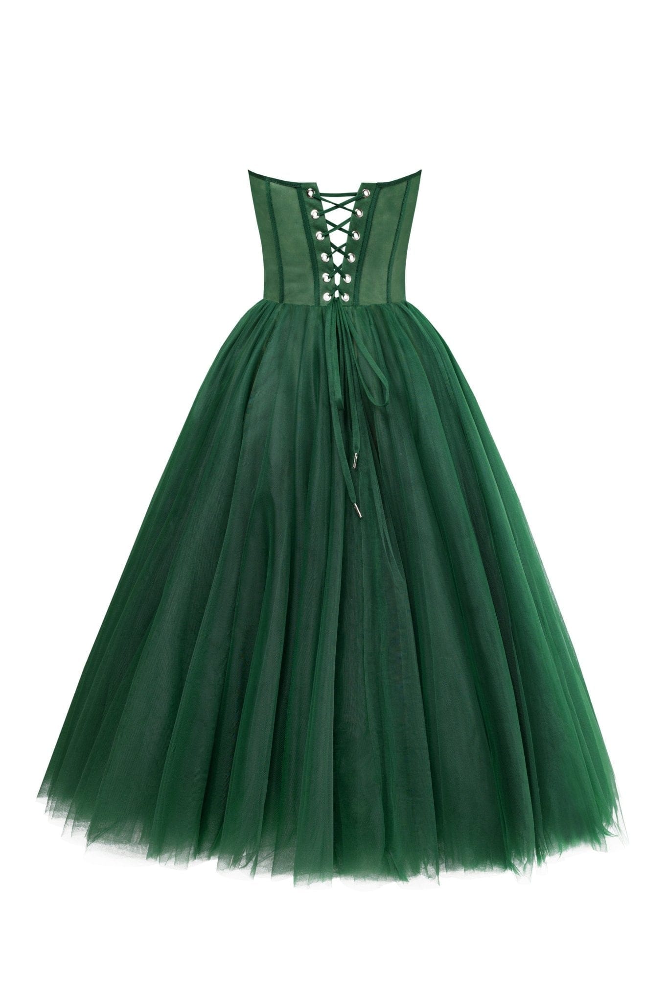 EMERALD GREEN STRAPLESS PUFFY MIDI TULLE DRESS