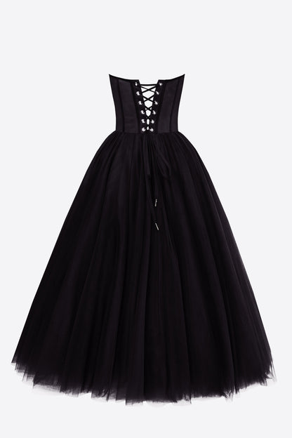 strapless puffy midi dress BLACK STRAPLESS PUFFY MIDI TULLE DRESS – Amalthrea