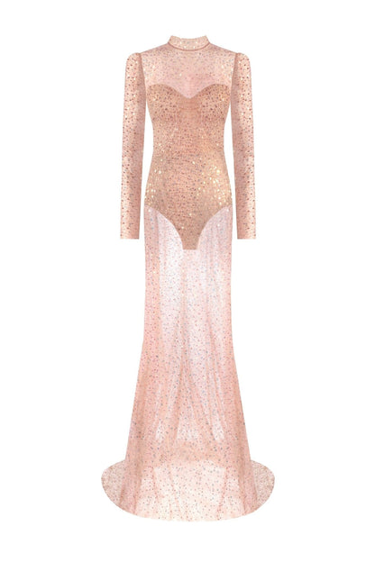 RADIANT ROSE GOLD LONG SLEEVED MAXI DRESS