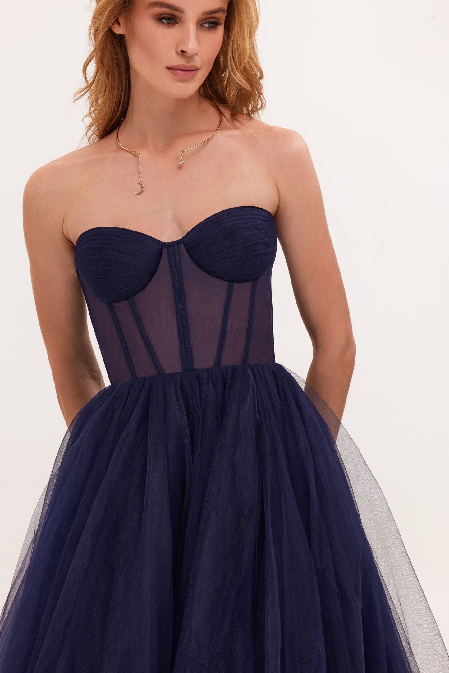 NAVY STRAPLESS PUFFY MIDI TULLE DRESS – Amalthrea