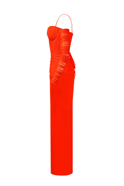 FLAMBOYANT CORAL BUSTIER MAXI DRESS