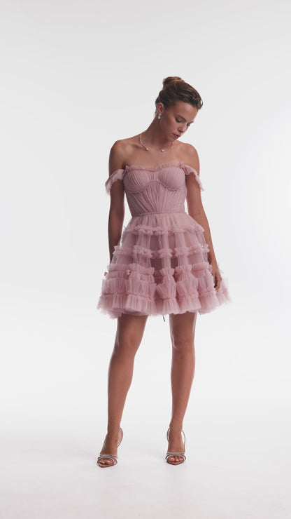 FLIRTY RUFFLED TULLE MINI DRESS IN MISTY ROSE