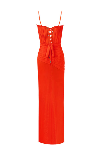 FLAMBOYANT CORAL BUSTIER MAXI DRESS