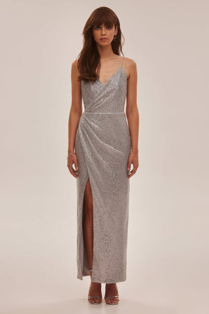 SPAGHETTI STRAPS SILVER SPARKLING WRAPPED DRESS