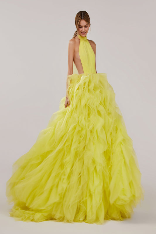 TURTLENECK FESTIVE YELLOW EVENING GOWN