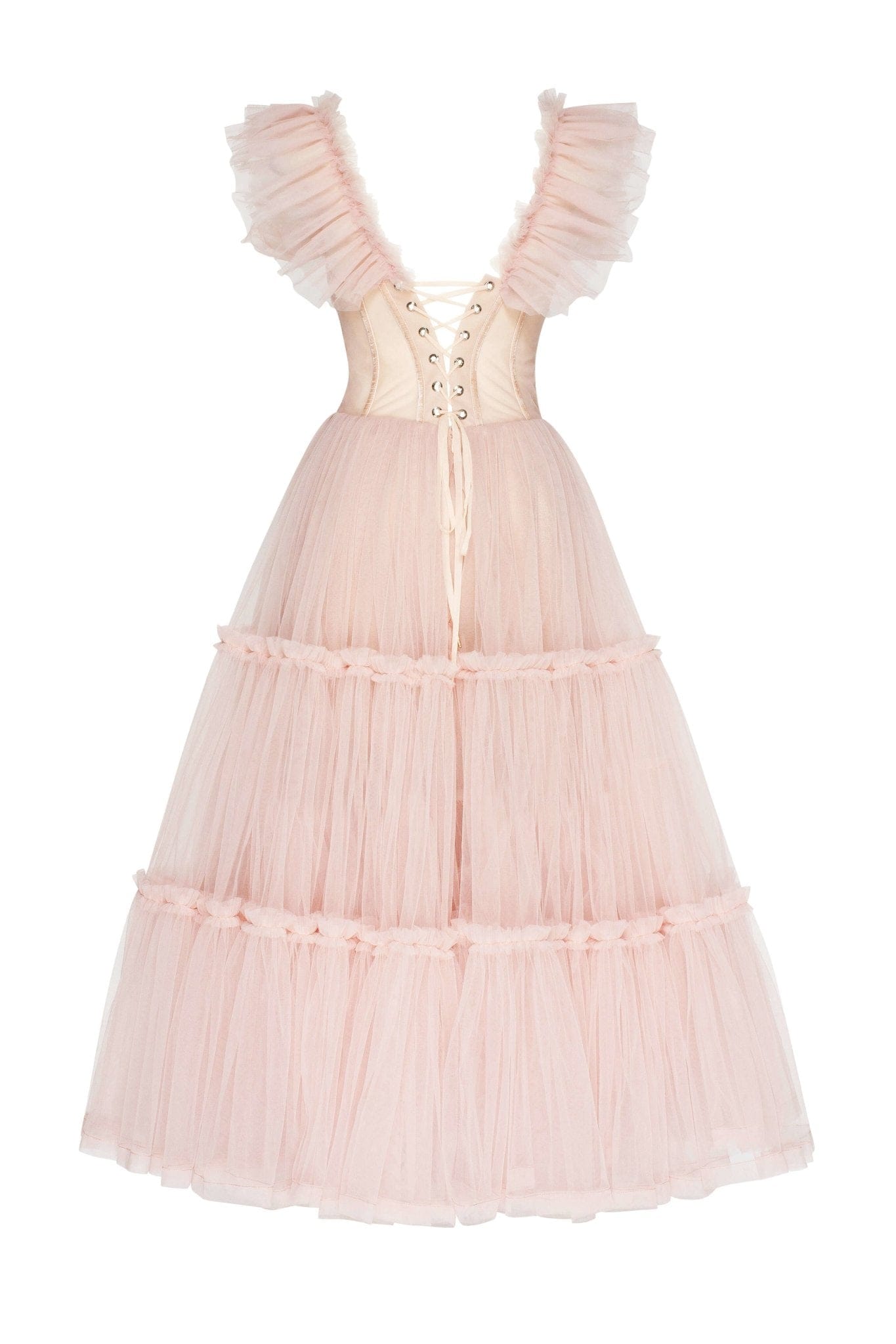 MISTY ROSE RUFFLED TULLE MIDI DRESS